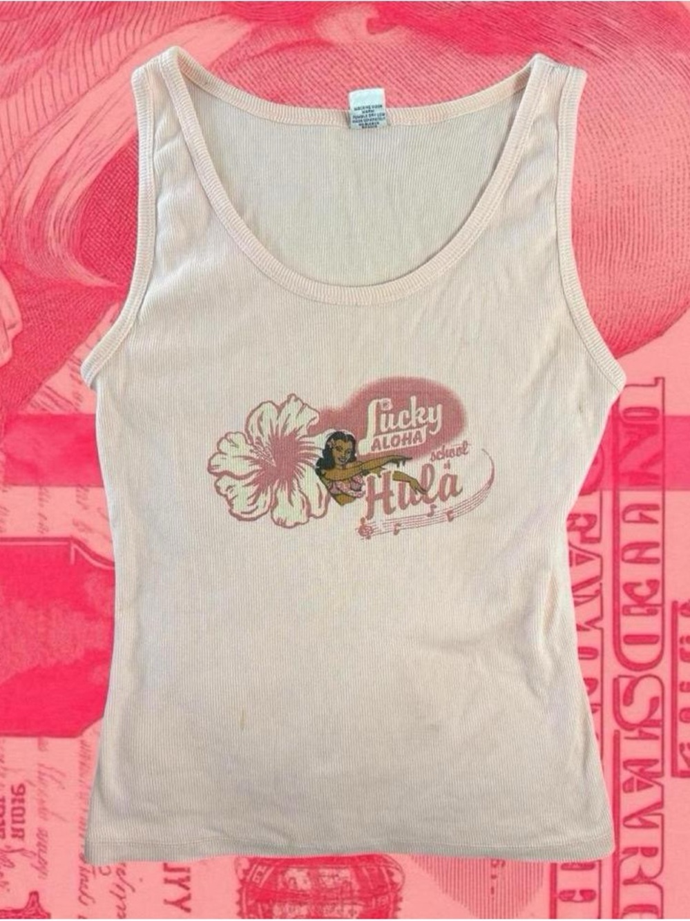 true vintage 2000s y2k lucky brand pink aloha hawaii tank top